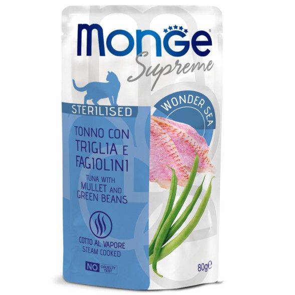 Влажный корм Monge Supreme sterilized cat для стерилизованных кошек с кефалью и зелёной фасолью, паучи 80 г 