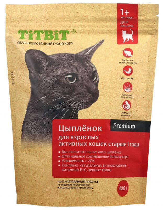 Титбит корм д/ак. кошек от 1 до 7 лет с мясом цыпленка 0,4 кг