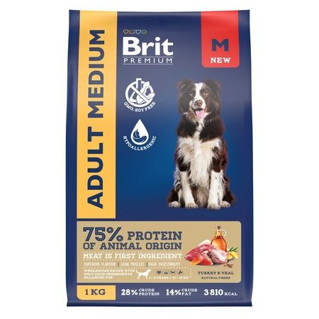 BRIT PREMIUM, Сухой корм с индейкой и телятиной для собак "Dog Adult Medium",1 кг,