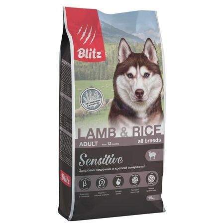 BLITZ Adult LAMB & RICE Sensitive (ягненок и рис) корм для взрослых собак всех пород,15 кг				