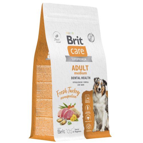 BRIT CARE, Сухой корм с индейкой д/взр.соб. ср. пород "Dog Adult M Dental Health", 1.5 кг