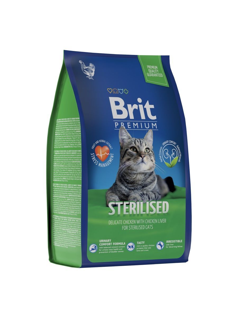 Брит Premium Cat Sterilised Chicken сухой корм премиум класса с кур д/взр Стерил кошек 8 кг 