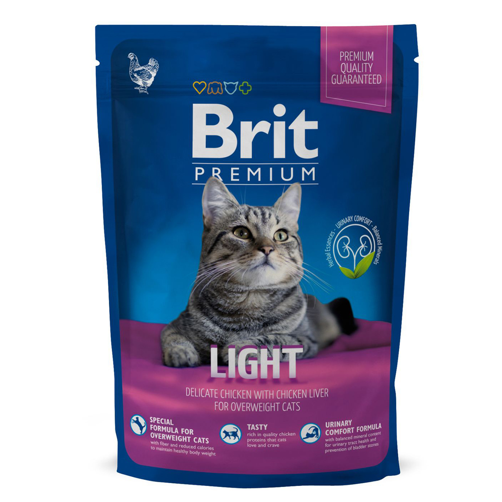 Брит Premium Cat Light сухой корм премиум класса с курицей для кошек с избыт. весом 0,8 кг