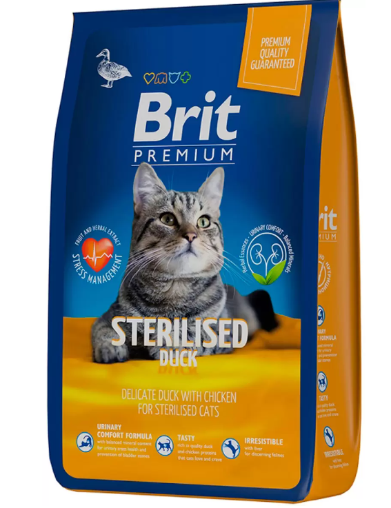 BRIT PREMIUM, Cухой корм с уткой и курицей для кошек "Cat Sterilised", 2кг+ 500г						