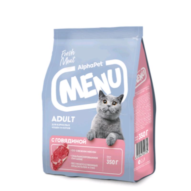 АльфаПет Menu сухой корм для взрослых кошек и котов с говядиной, 0,35кг			