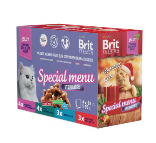 Brit Premium Особые меню "Особое меню в желе д/стерил.кошек" 14штх85г		