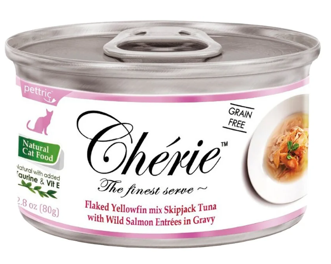 Петтрик Консервы Cherie-ТУНЕЦ С ЛОСОСЕМ В ПОДЛИВЕ/Flaked Yellowfin mix Skipjack Tuna with Wild Salmon Entrees in Gravy 80 г	