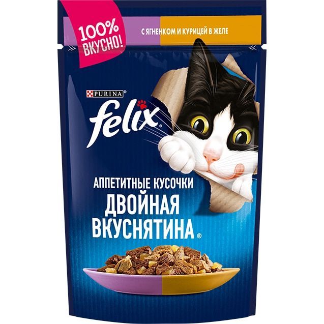 Felix Двойная вкуснятина, ягнёнок/курицав желе,  пауч, 85 гр