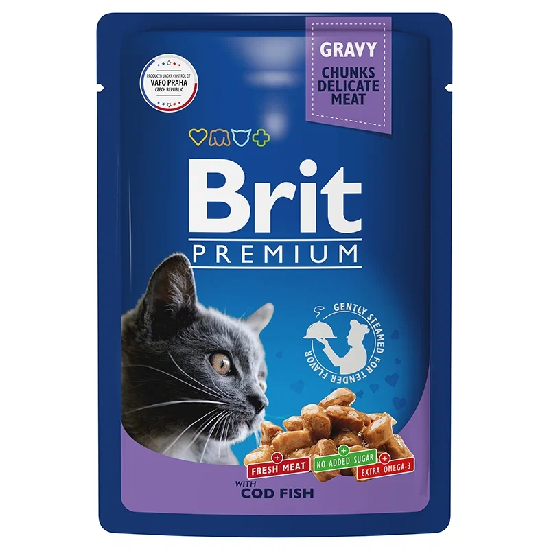Brit Premium Пауч для взрослых кошек треска в соусе 85г					