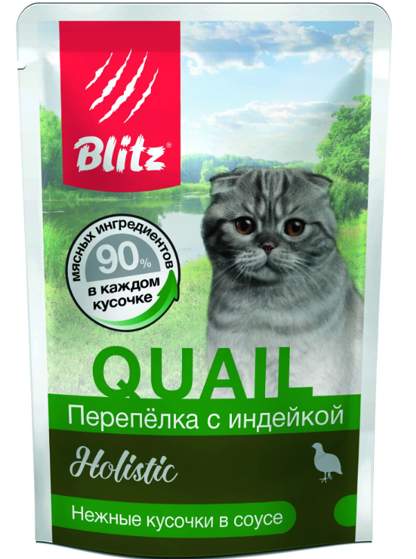 BLITZ QUAIL / ПЕРЕПЕЛКА С ИНДЕЙКОЙ, кусочки в соусе, корм консерв. полнарац. для КОШЕК / 85гр	