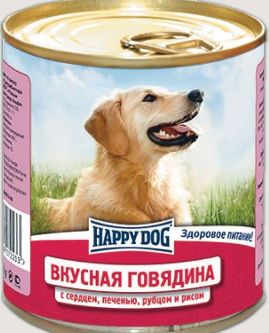 Хэппи Дог Вкусная говядина ж/б 0,75 кг (сер, печ, руб, рис)