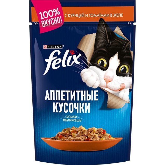 Felix Аппетитные кусочки, курица/томат в желе, пауч, 85 гр