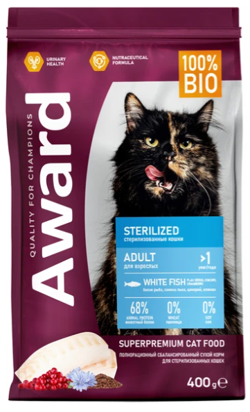 Сухой корм AWARD Sterilized для взрослых стерилизованных кошек с белой рыбой с добавлением семян льна, клюквы и цикория 400г 