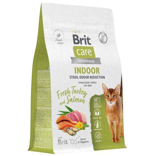 BRIT CARE, Сухой корм с инд. и лососем д/взр.кош "Cat Indoor Stool Odour Reduction", 0.4 кг