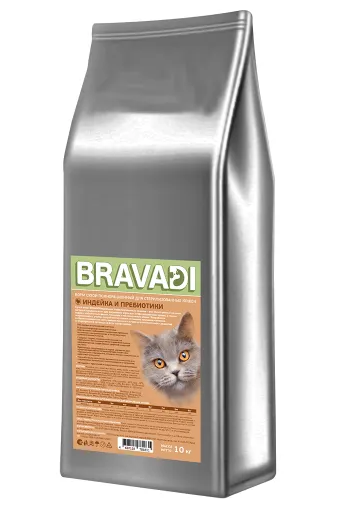 BRAVADI для взрослых стерилизованных кошек с индейкой и рыбой 10кг (зеленая)