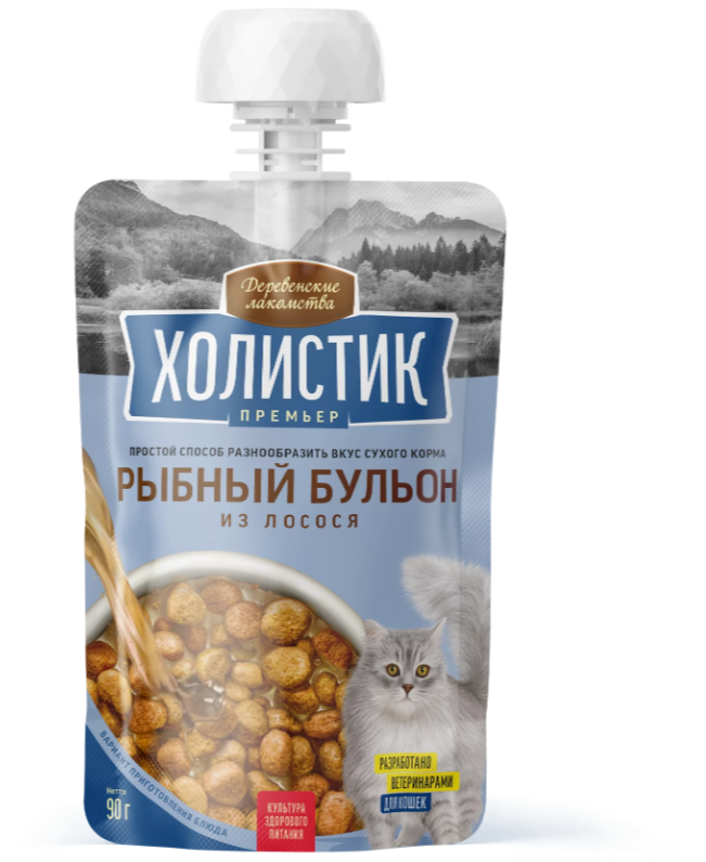 Деревенские лакомства Бульон для кошек Холистик Рыбный из лосося 90г 