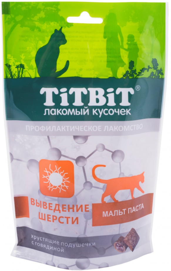 Титбит Хрустящие подушечки д/кошек с гов. для выведения шерсти 60 гр.