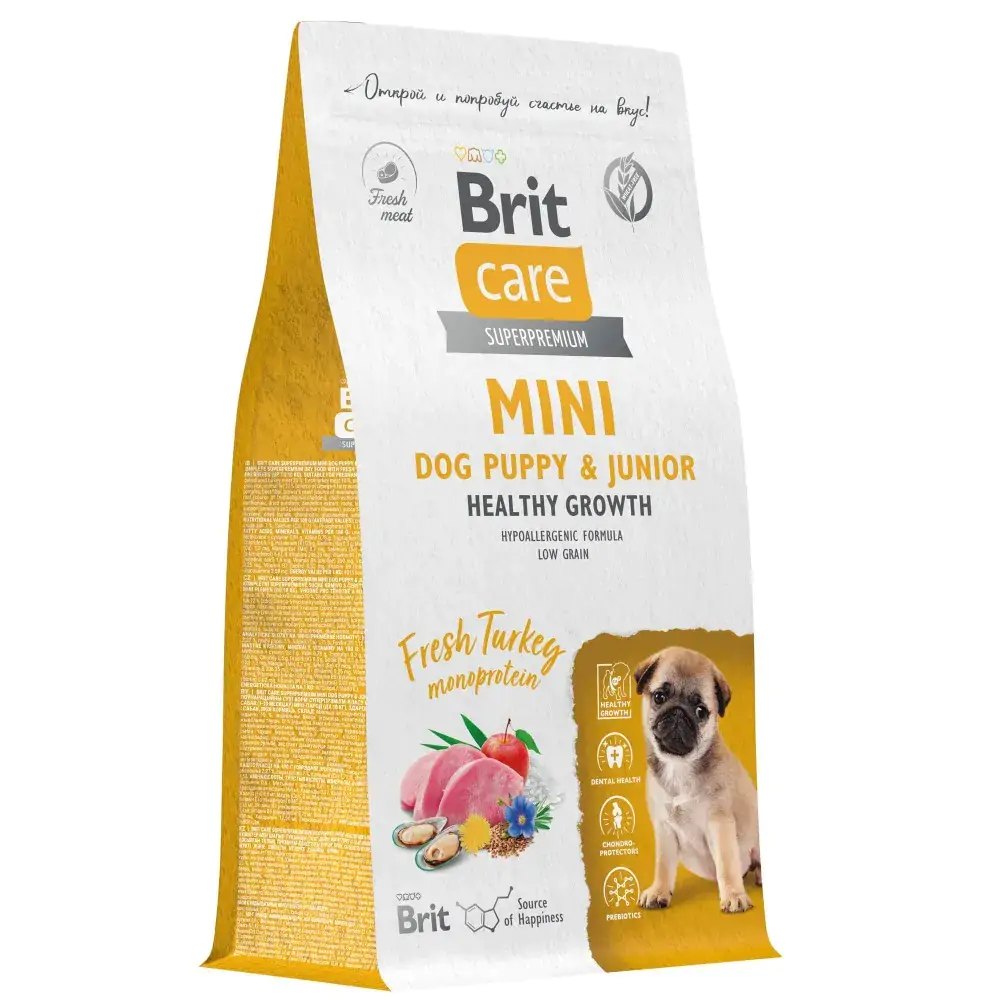 BRIT CARE Mini, Сухой корм с инд. для щ. и мол.соб.мин.п,"Puppy&Junior.Healthy Growth",1.5кг