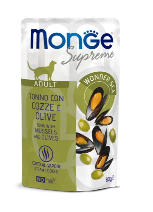 Влажный корм Monge Supreme Adult cat для взрослых кошек с мидиями и оливками, паучи 80 г 