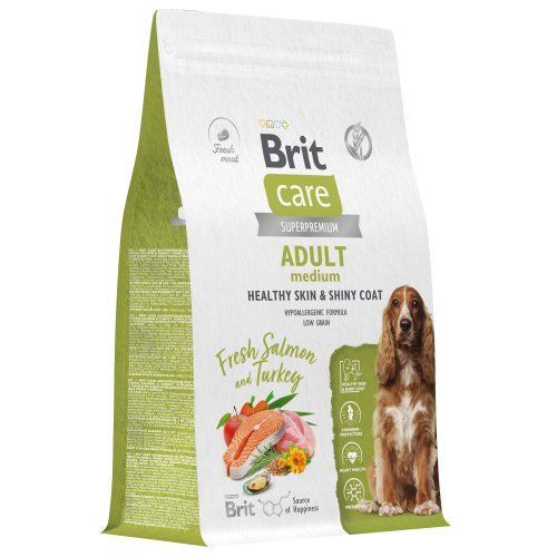 BRIT CARE,Сухой корм с лососем и инд. д/соб.ср.п."Dog Adult M Healthy Skin&Shiny Coat",1.5кг