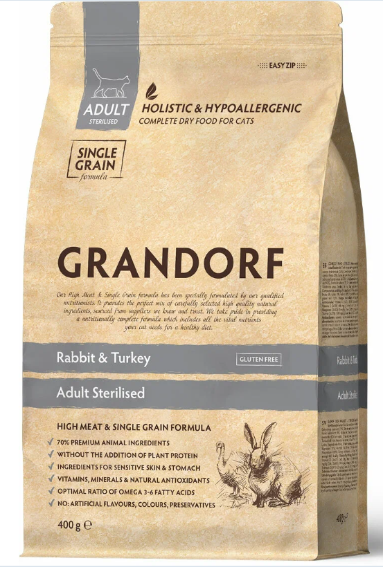 GRANDORF CAT кролик с индейкой для стер. кошек 400 гр