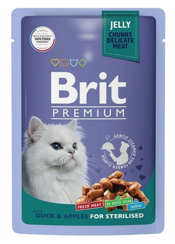 Brit Premium Пауч для взрослых стерилизованных кошек утка с яблоками в желе 85г