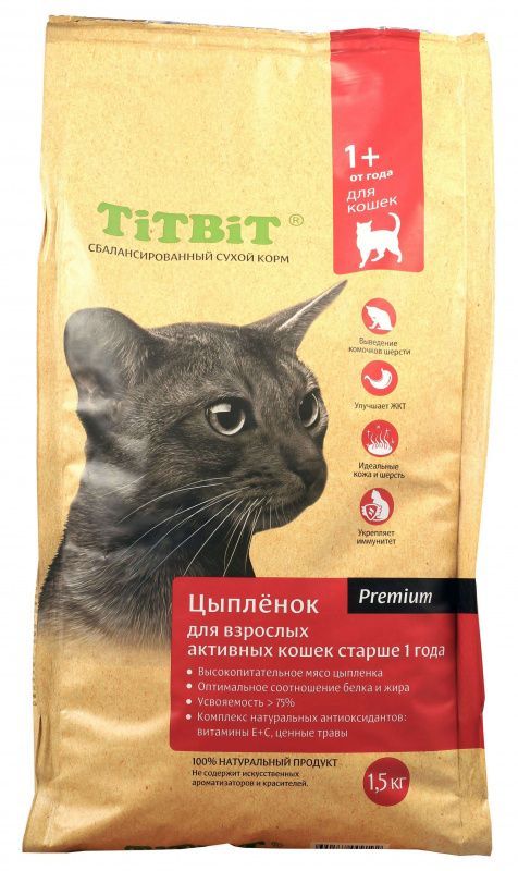 Титбит корм д/ак. кошек от 1 до 7 лет с мясом цыпленка 1,5 кг