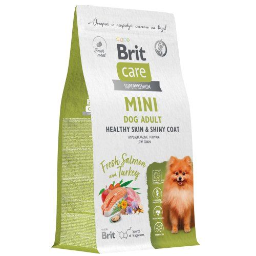 BRIT CARE Mini, Сухой корм с лос и инд д/вз.cоб.мин.п,"Adult.Healthy Skin&Shiny Coat",1.5 кг