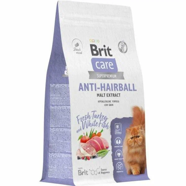 BRIT CARE, Сухой корм с белой рыбой и индейкой для взр.кошек "Cat Anti-Hairball ", 0.4 кг