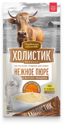 Деревенские лакомства Холистик Премьер д/кошек юре со вкусом говядины с икрой летучей рыбы, 40г