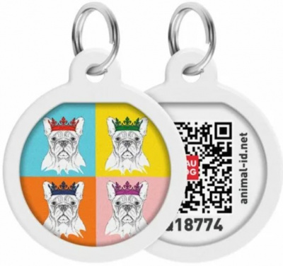 Адресник для собак и котов металлический WAUDOG Smart ID c QR паспортом, рисунок "Французский бульдог", круг, Д 25 мм			