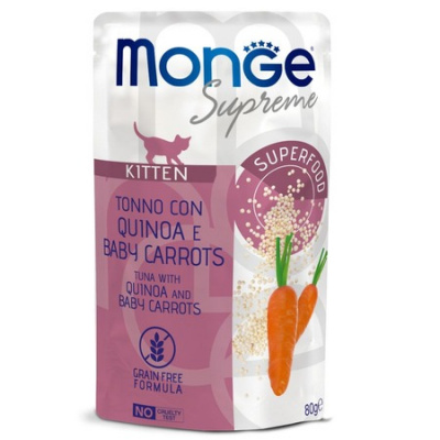 Влажный корм Monge Supreme kitten для котят из тунца с киноа и мини-морковью, паучи 80 г 