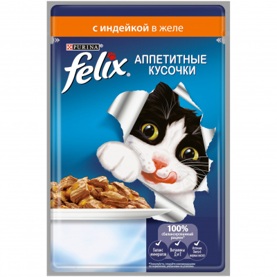 Felix Аппетитные кусочки, Индейка в желе, пауч, 75 гр