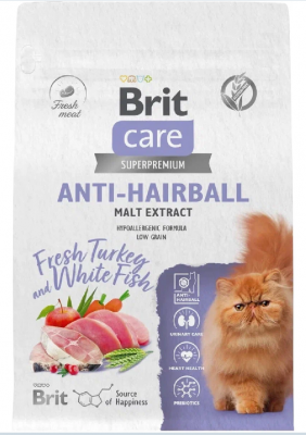 BRIT CARE, Сухой корм с белой рыбой и индейкой для взр.кошек "Cat Anti-Hairball ", 0.4 кг