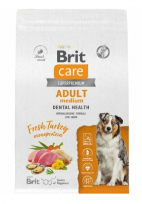 BRIT CARE, Сухой корм с индейкой д/взр.соб. ср. пород "Dog Adult M Dental Health", 3 кг