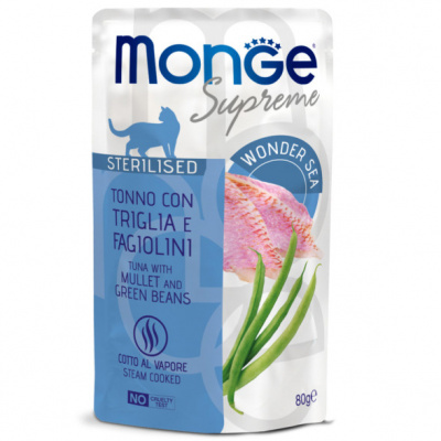 Влажный корм Monge Supreme sterilized cat для стерилизованных кошек с кефалью и зелёной фасолью, паучи 80 г 