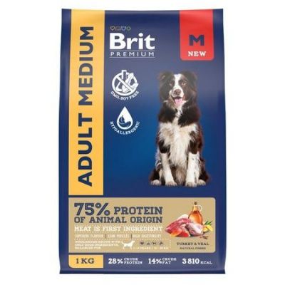 BRIT PREMIUM, Сухой корм с индейкой и телятиной для собак "Dog Adult Medium",1 кг,