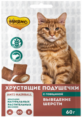 МНЯМС хрустящие подушечки д/кошек, гов, "Выведение шерсти" 60 гр.