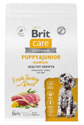 BRIT CARE, Сухой корм с инд и уткой д/щенк.ср.пор."Dog Puppy&Junior M Healthy Growth", 3 кг