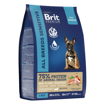 BRIT PREMIUM, Сухой корм с лососем и индейкой для собак "Dog Sensitive", 1 кг,