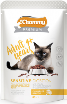 Chammy влажный для кошек с чувств.пищевар. 85 г. индейка/рис