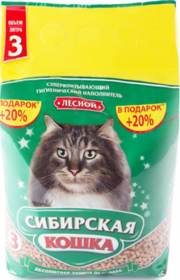 СИБИРСКАЯ КОШКА наполнитель впитывающий 3 л. ЛЕСНОЙ (древесные гранулы 10 мм)