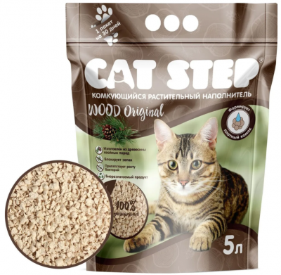 CAT STEP наполнитель комкующий растительный Wood Original, 5 л