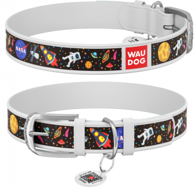 WAUDOG Design Ошейник для собак кожаный  с QR паспортом, рисунок "NASA", Ш 35 мм, Дл 46-60 см белый			