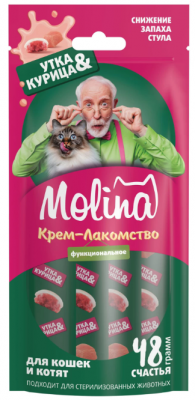 MOLINA, Функц. крем-лакомство с уткой и курицей д/взр.кош, Снижение запаха фекалий, 48г, 74112		