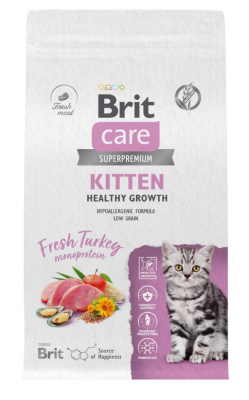 BRIT CARE, Сухой корм с индейкой д/котят, бер.и корм.кош "Cat Kitten Healthy Growth", 1.5кг