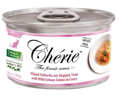 Петтрик Консервы Cherie-ТУНЕЦ С ЛОСОСЕМ В ПОДЛИВЕ/Flaked Yellowfin mix Skipjack Tuna with Wild Salmon Entrees in Gravy 80 г	