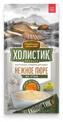 Деревенские лакомства Холистик Премьер д/кошек пюре из утки с икрой летучей рыбы, 40г