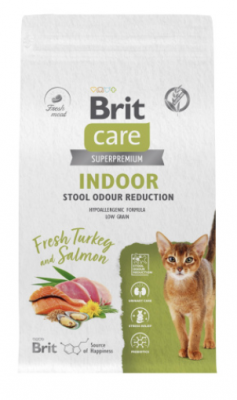 BRIT CARE, Сухой корм с инд. и лососем д/взр.кош "Cat Indoor Stool Odour Reduction", 0.4 кг