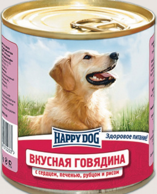 Хэппи Дог Вкусная говядина ж/б 0,75 кг (сер, печ, руб, рис)